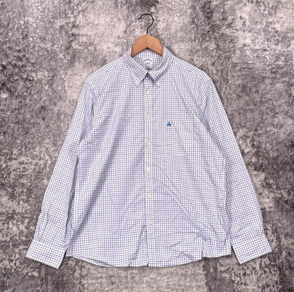 Brooks Brothers Shirt Large Mens Regular Fit Performance White Windowpane Logo